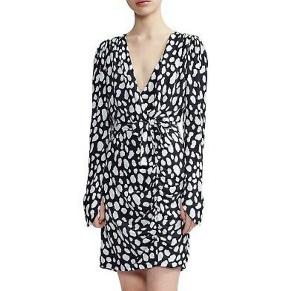 Maje Rossima Black White Spotted Dress V Neck Long Sleeve Faux Wrap Size 2 - Picture 9 of 11